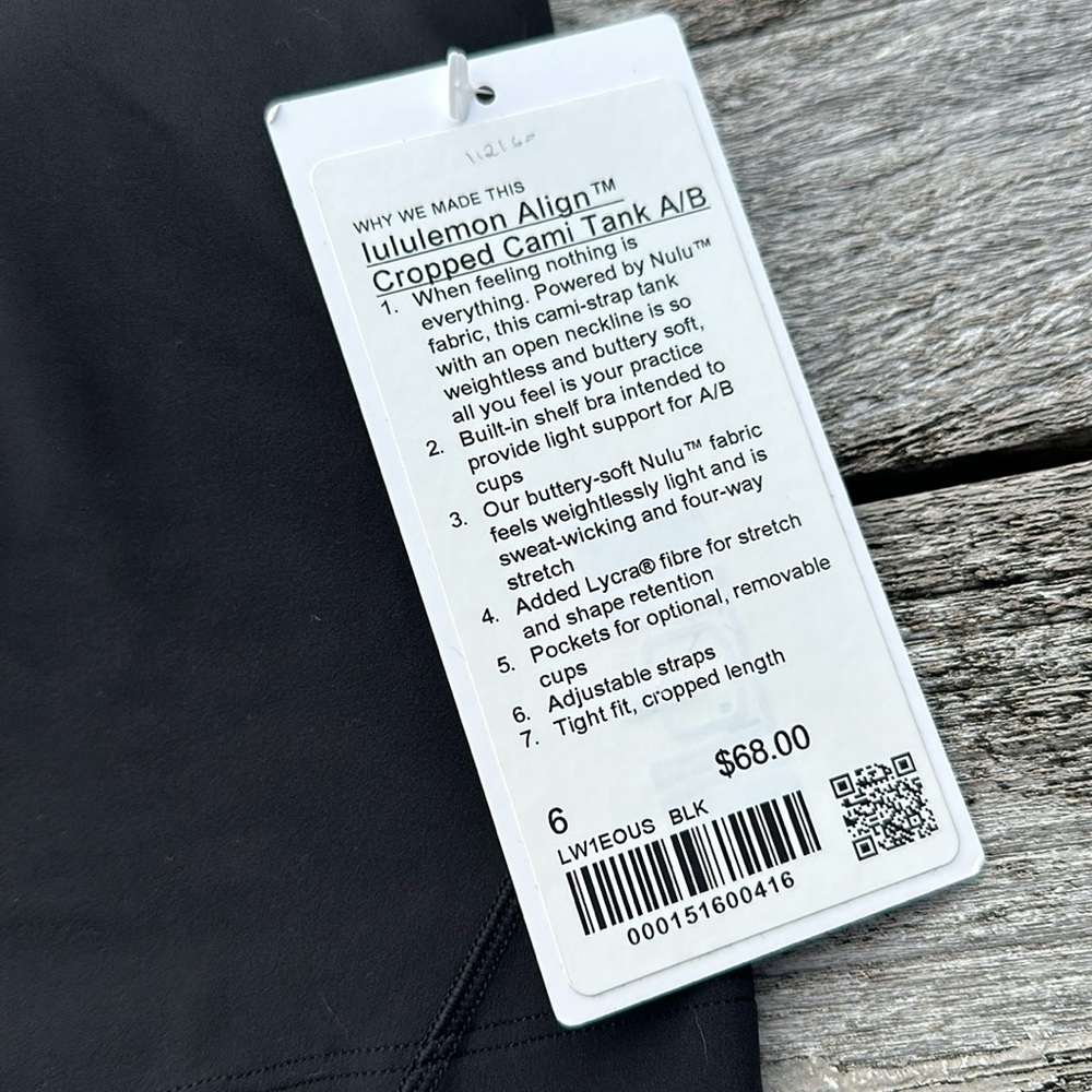 Lululemon Align Cropped Cami Tank Top Light Support, A/B Cup Black size 6 NWT - Picture 3 of 8